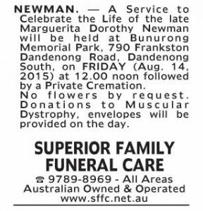 Notice-22 Funeral Service for Marguerita Dorothy Newman