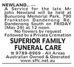 Notice-4 Funeral Service for Mr John Newland