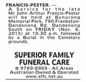 Notice-40 Funeral Service for Mr John Arthur Francis-Pester