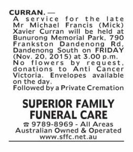 Notice-46 Funeral Service for Mr Michael Francis (Mick) Xavier Curran