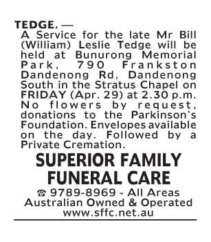 Notice-68 Funeral Service for Mr Bill (William) Leslie Tedge
