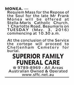 Notice-76 Funeral Service for Mr Frank Monea