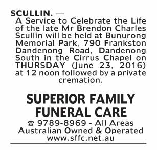 Notice-85 Funeral Service for Mr Brendon Charles Scullin