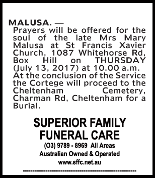 Mrs Mary Malusa Funeral Notice