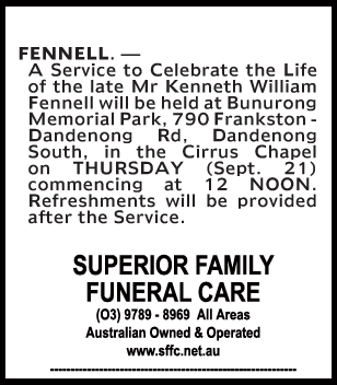 Mr Kenneth William Fennell Funeral Notice