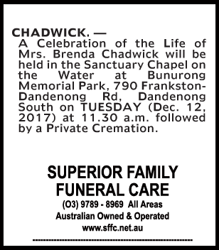 Funeral Notice for Mrs Brenda Chadwick