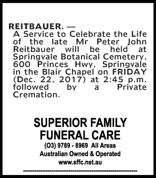 Funeral Notice for Mr Peter John Reitbauer